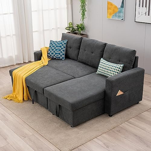 Panana Corner Sofa Bed, L-Shaped Sofa Corner Sofa, 3 Seater Pull out Sofa Bed with Storage Chaise, Convertible Click Clack Sofa Bed Settee Sectional Sofa Sleeper, Gray Linen