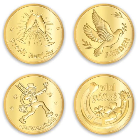 DPKOW 4 Stück Glücksmünzen Glücksbringer Silvester 2026 Neujahrsglücksbringer, Neujahrsmünze Glückscent Vergoldet Münze Neujahrsgeschenke Silvester Mitbringsel Klein Glücksbringer, mit Kordelzugbeutel
