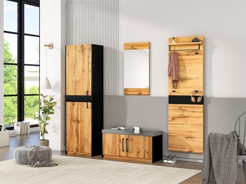 KnSam Garderoben Set 4-Teilig mit Spiegel und Sitzbank, Garderoben Set, Garderobenmöbel, Garderoben-Set, Stylishe Kompaktgarderobe mit 4 Kleiderhaken, Stangen und Ablage, Praktischer Wandgarderobe