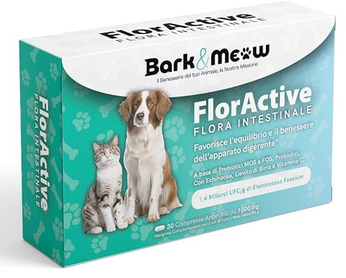 FlorActive Fermenti Probiotici per cani e gatti 1,4 miliardi UFC. Favorisce l'equilibrio intestinale e ristabilisce la flora batterica. Con Prebiotici FOS e MOS. 30 Compresse