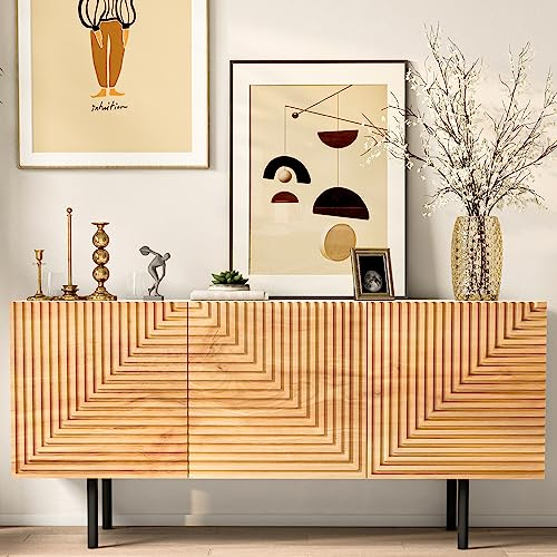 roomfitters Mid-Century TV Schrank, Fernsehschrank mit Schnitz Design, TV Möbel mit 3 Türen, Küchenschrank Platz für Fernseher bis 65 Zoll, TV-Ständer, TV Board Holz Wohnzimmer aus Pappelholz