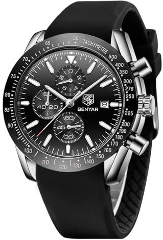 BY BENYAR Herren Analoger Chronograph Quarzuhr 30M Wasserdicht Leuchtende Datumsanzeige Freizeituhr Sport Lederuhr.(Gummi Silber Schwarz)