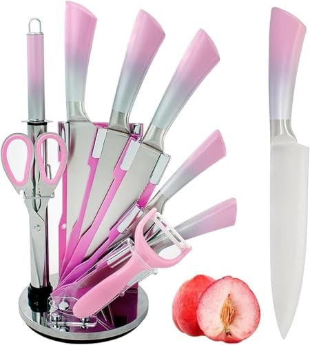 Kitchen Knife Set, 9 Pieces Professional Cooking Knife Set with Acrylic Block, Non Stick Sharp Stainless Steel Chef Knife Set with Ergonomic Gradient Handle for Women Girls (Pink)