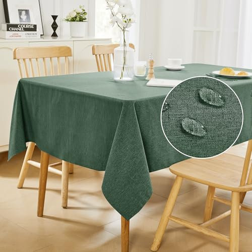 Deconovo Water Resistant Wipe Clean Table Cloth, Faux Linen Rectangle Table Protector for Christmas, 55x79in(140x200cm), Forest Green