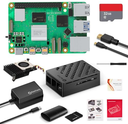 RasTech Raspberry Pi 5 8GB Kit Edición 32GB con Active Cooler,Pi 5 Carcasa,Fuente de Alimentación 27W PD 5.1V5A USB-C,Cable 4K de Micro HD out,Lector de Tarjetas,Destornillador,Manual de Usuario
