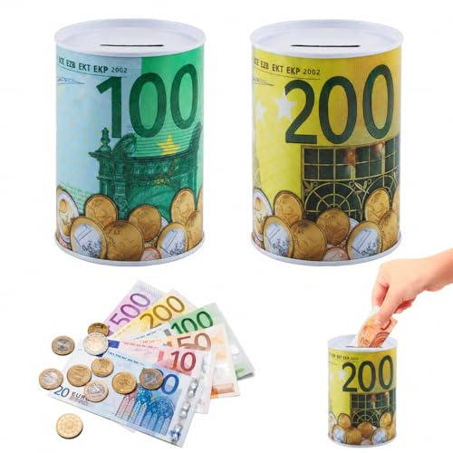 FairyPeach Euro Sparschwein*2Pcs, Euro Metalldose, 11x7.5 cm Metall Eurospardose, Euro Spardose Nicht Zum Öffnen, 100/200 Euro Geldspardose, Euro Money Saving Box Groß, kreative Geschenke (No)