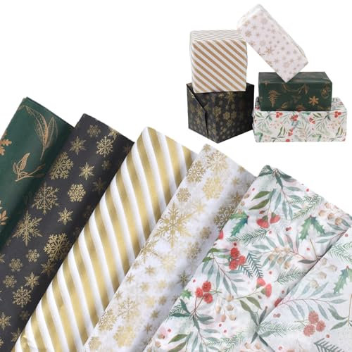 Seidenpapier Weihnachten, 60 Blatt 50x35cm Transparentpapier Weihnachten Geschenk Papier, Schwarz Gold Weihnachtspapier zum Basteln,Weihnachten Verpackungsmaterial für Weihnachtsfeier Geschenk