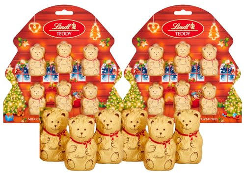 12 Milk Chocolate Lindor Teddy Christmas Tree Decorations 60g Milk Chocolate Gift Present - Christmas Eve, Celebrations, Stocking Filler or Thank You