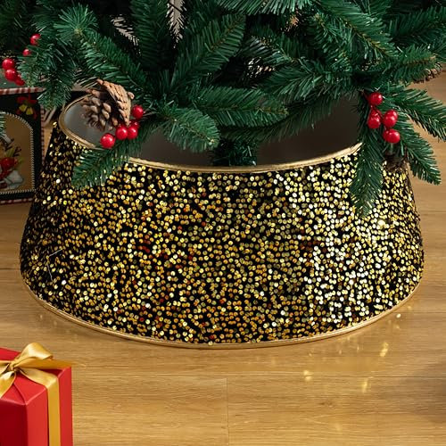 Proumhang Christbaum Kragen Weihnachtsbaum-Rock Weihnachten Glitter Baum Basis Abdeckung Weihnachtsbaum Ring Dekorativ für Holiday Home Party Decor Ornamente Schwarz Gold S(40 * 60 * 20cm)