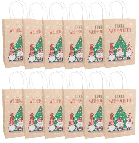 Idena 30513-12 - Geschenktüten Frohe Weihnachten, 12 Stück, Geschenktaschen in der Größe 18 x 27 cm, Papiertüten Weihnachten, Wichtel mit Weihnachtsbaum