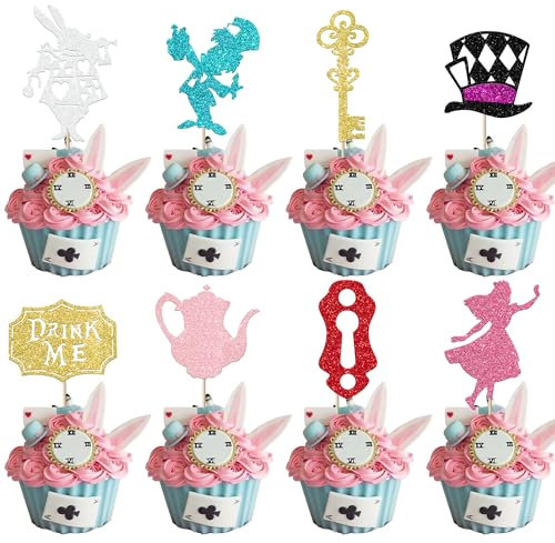 Xsstarmi 24 Pack Wonderland Theme Cupcake Toppers Glitter Lock Key Mad Hatter Rabbit Cupcake Picks Drink Me Tea Party Cake Decorations for Alice Theme Baby Shower Birthday Party Supplies