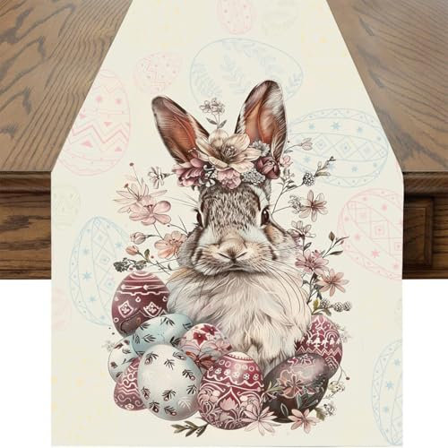 NOPKESV 1 Stück Oster-Tischläufer fröhliches Karotte-Kaninchen-Blumenmuster waschbar modernes Dekor Küchentisch für drinnen und draußen Urlaub Wohnzimmer Party Osterdekoration
