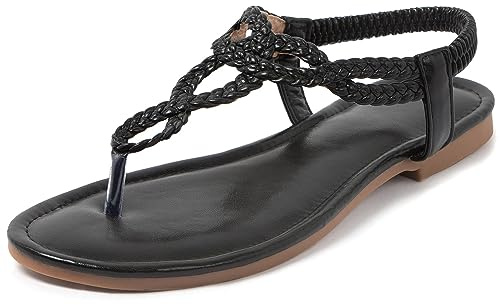 iCKER Women's Braided T-strap Thong Flat Sandals Elastic Brand Gladiator Flip Flop Shoes-Woven Black-9