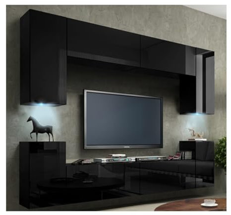 Meuble TV Suspendu 240cm Collection CEPTO, 4 Portes, Coloris Noir Brillant.