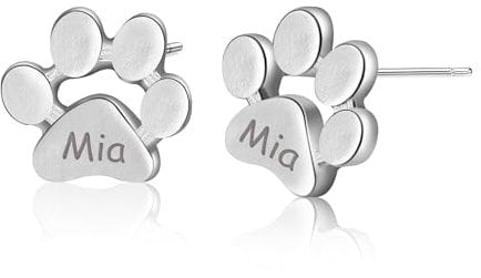 Personalisierte Ohrstecker Hundepfote mit Name Gravur Pfote Ohrringe Pfotenabdruck 925 Sterling Silber Rose Gold (Silber)