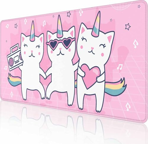 Tapis de souris de jeu, XXL pour clavier d'ordinateur long, grand sous-main pour ordinateur portable, base en caoutchouc antidérapant avec bords cousus, 90 x 40 cm, chat licorne mignon rose