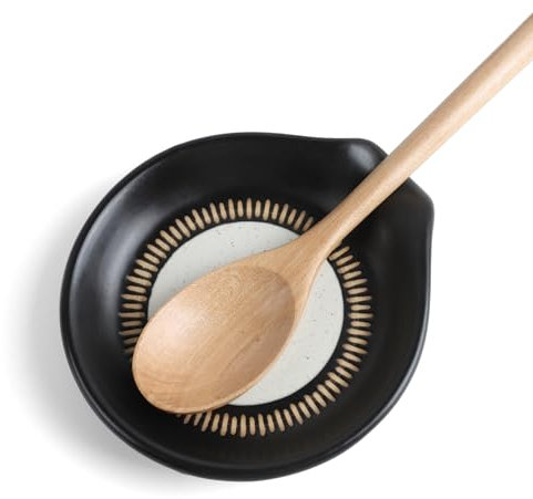 Toski Reposa Cucharas Ceramica para Estufa Mostrador de Cocina, Posacucharas Resistente Calor, Soporte De Cuchara Negro, Grande Reposacucharas para Espátulas, Cucharas, Pinzas, Apto Para Lavavajillas