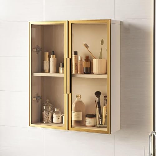 Armadietto da parete in legno massello con ante in vetro sopra la toilette, armadietto per medicinali per bagno e cucina, 60 x 14 x 60 cm, soluzione elegante e nization