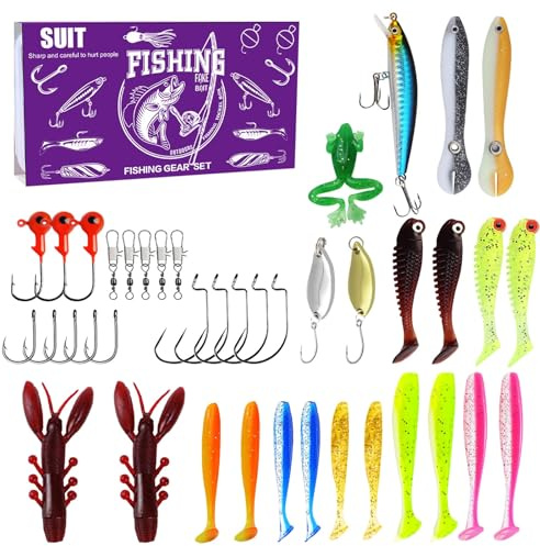 Adventskalender Angeln Köder Set für Hecht, Zander, Forelle, Barsch, Angelzubehör einschließlich Gummifische, Oberflächenköder, Spinner, Popper, Jigs Head für Süßwasser Salzwasser Fischen