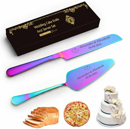 FCLYDER Personalisiertes Tortenmesser & Servierset mit Gravur – Hochzeitsgeschenk für Brautpaare, Geburtstagsgeschenk, Jubiläumsgeschenk – Edelstahl-Kuchenschneider mit Servierer in Geschenkbox