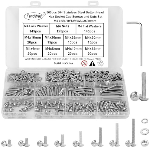 FandWay 560 Pièces Vis Boulon et écrous Rondelles M4,Vis à Six Pans Creux,Vis à Métaux Tête Bombée Hexagonale,Boulon a Tête Cylindrique en Acier Inoxydable 304,Avec 1 Clés Hexagonales.