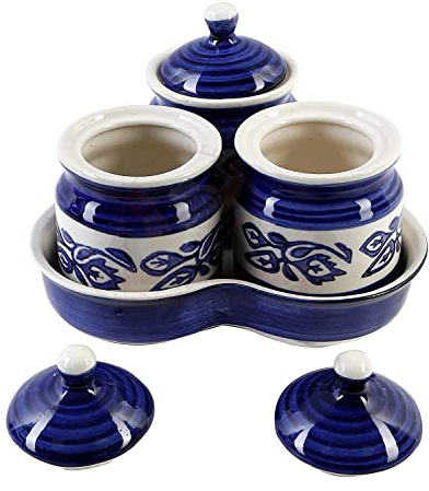 Ceramic Jars with Lid and Holding Tray | Multipurpose Barni for Chutney | Pickle jar | Storage Container | Dining Table Container Set (Set of 3, Multi-Color) (Blue)