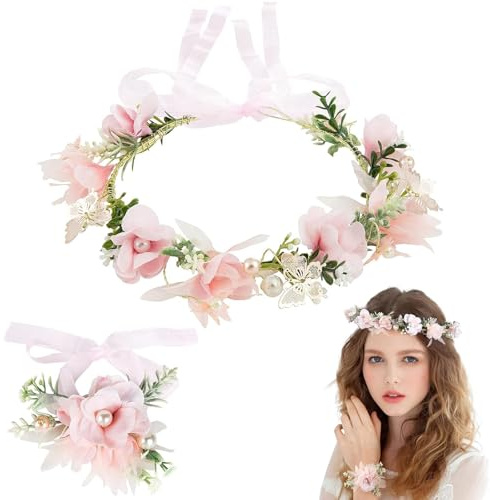 Binnan Blumenkranz Blume Krone Stirnband, Blumenstirnband Verstellbarer Gürtel, Braut Haarschmuck mit Armband-Set, Blumenkranz Haare, Haarbänder Floral Girlande für Hochzeit Party Festival