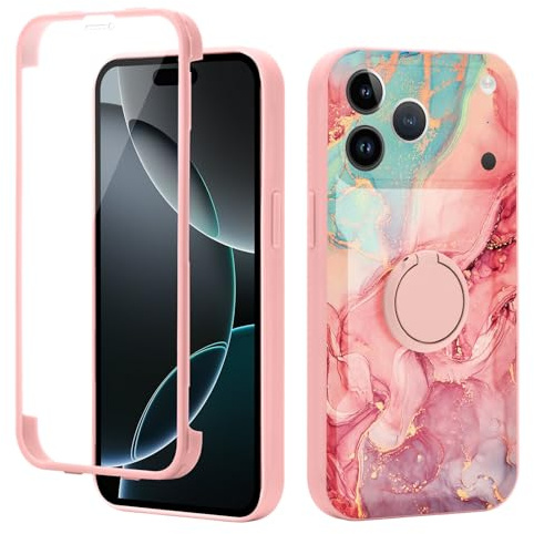 Yoedge Kickstand Phone Case for iPhone 17 Pro Max 6.9,360°Rotatable Magnetic Ring Holder Cases,Full Body Shockproof Silicone Back Cover with Built-in Screen Protector,Pink Marble Pattern