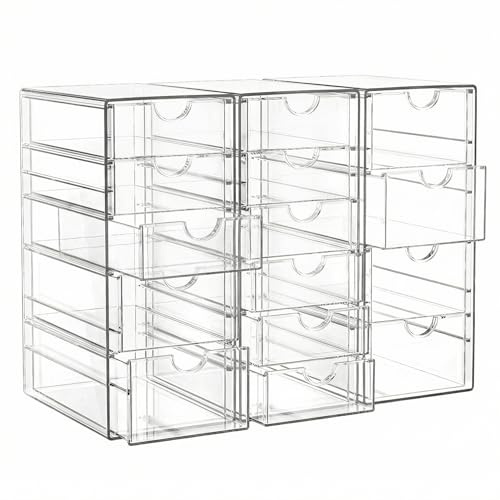 QWORK® Organisateur de Maquillage Transparent avec 15 Tiroirs - Lot de 3 - Rangement Polyvalent pour Bureau et Accessoires