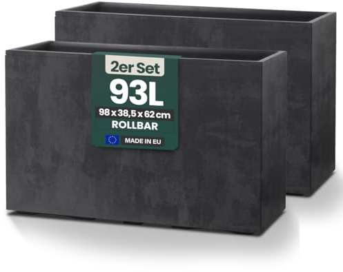 Kreher® XXL Sichtschutz Pflanzkasten hoch 93L - 98x38,5x62 cm - doppelwandig & rollbar, mit Entwässerungsstopfen - wetterfest - Naturstein Optik (2, Anthrazit)