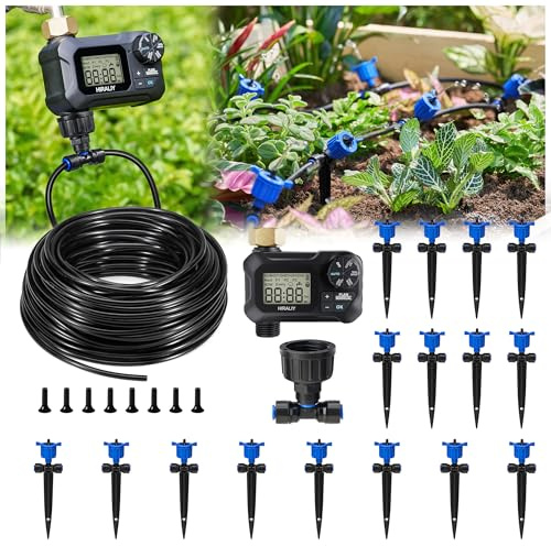 HIRALIY 50FT Drip Irrigation Kit with Timer for Raised Beds