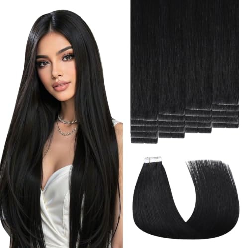 Sweetmet 3rd-Generation Invisible Tape Extensions Echthaar für Frauen | Farbe #1 Tief Schwarz Unsichtbare Haarverlängerung Echthaar Tape 35g 40cm Nahtlos injiziert (#1-40cm)