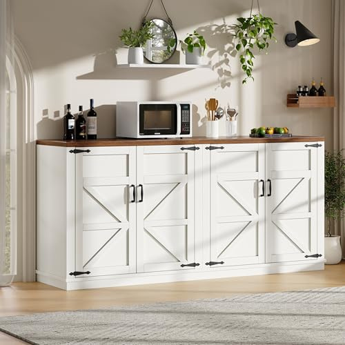 FammyLoft Sideboard mit 4 Türen, Seitenschrank im Landhausstil mit 2 höhenverstellbare Regale, Anti-Dumping, Ideal als Aufbewahrungsschrank, Küchenschrank oder Anrichte, 160 * 40 * 85 cm, Weiß