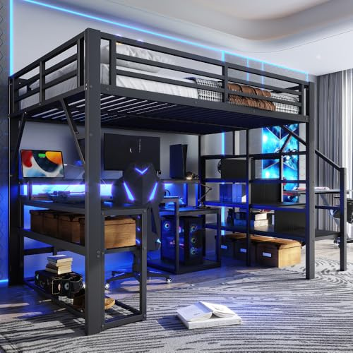 Sapgaks Lit Mezzanine 1 Place Enfant 140 x 200 cm avec éclairage LED et Port USB,lit Mezzanine avec Bureau lit superposé Enfant,lit Mezzanine escalier avec Espace de Rangement,Noir