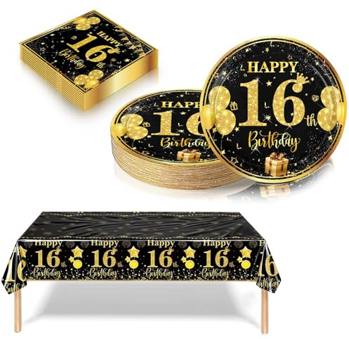 16th Birthday Decorations Black and Gold, 37Pcs Happy Birthday Party Tableware include Paper Plates and Napkins, Plastic Table Cloth for Boys and Girls 16th Party Table Decorations (16 Guest)