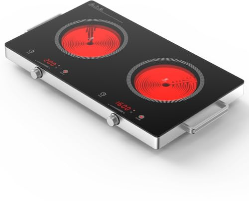ROPPLIFE Infrared Double Burner Hot Plate,1800W Portable Electric Cooktop for 110-120V Outlet, Ceramic Glass Top, Knob & Touch Control, 9 Power Levels, Timer, Works with Any Cookware