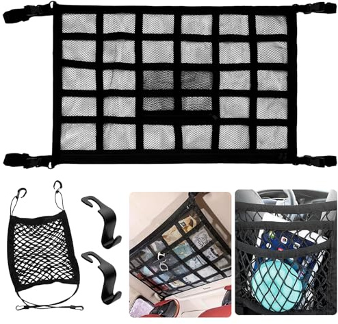 Cargo Net for Van 90 x 65 cm, Adjustable Car Ceiling Storage Net with Zipper, 3 Layer Durable Mesh Seat Storage Bag, Universal for Van/SUV/Campervan/Jeep Camping Travel, Easy to Install & Safe