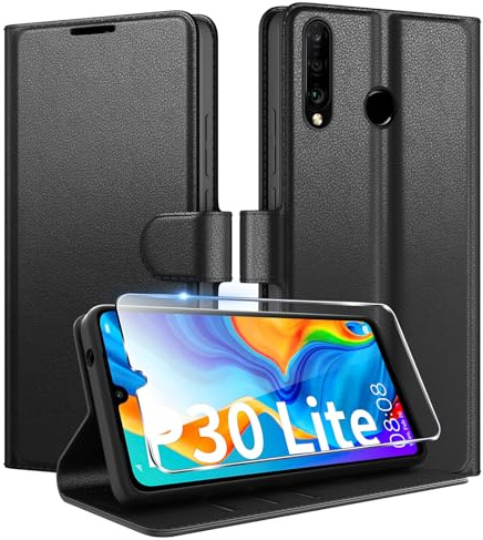 Coiwxmoi für Huawei P30 Lite Hülle Mit 1 Stück Panzer Schutz Glas, Wallet Premium PU Leder Handyhülle, Standfunktion Schutzhülle Kartenfach Stoßfeste Klapphülle Flip Case Cover Schwarz