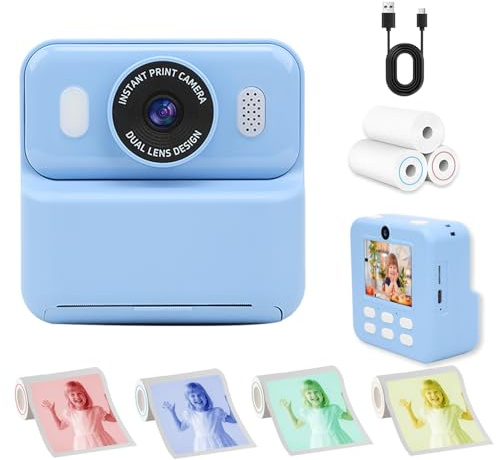 GeeStone Instant Print Camera with Dual Lens Design, Color Photo Printing, USB Charging Cable, 3 Paper Rolls Included (BLUE)