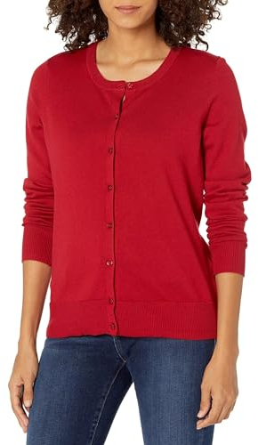 Amazon Essentials Damen Leichte Rundhalsstrickjacke (Erhältlich In Übergröße), Rot, L