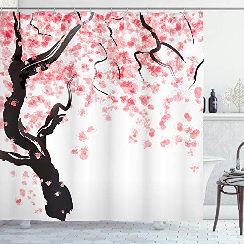 ABAKUHAUS Duschvorhang, Japanische Kirschbaum Blüte im Aquarell Effekt Orientalischer Stilisiert Art Druck Kirschzweig, Blickdicht aus Stoff, Waschbar Langhaltig Hochwertig, 175 X 200 cm, Schwarz Rosa