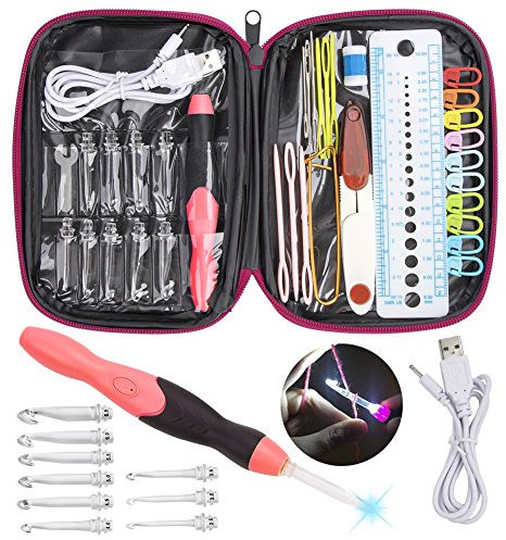 Feelava LED Leuchten Häkelnadeln Set, Beleuchtete Häkelnadel mit Organizer Case & Wiederaufladbare Batterien, 9 Austauschbare Köpfe 2.5mm bis 6.5mm, LED Lite Haken Stricknadeln Weave Nähen (Rose)