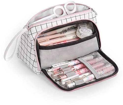 MOKANI Large Capacity Pencil Case, Canvas Pen Pencil Pouch with Handle, Stationery Storage Bag Organizer for Middle High School College Office Students Girls Boys Teenagers Adults, Black Plaid