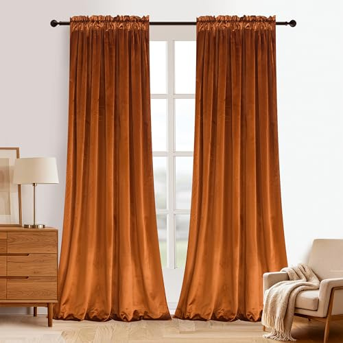 Roslynwood Home Velvet Bright Orange Curtain 108 inch - Heavy Duty Curtains Energy Efficient Block Light Rod Pocket Drapes Window Covering Set for Home Theatre/Living Room, 52Wx108L Orange/2 Panels