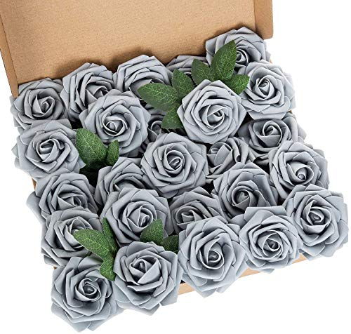 Ruiuzioong Künstliche 25 Stück Rosen Blumen Schaumrosen Foamrosen Kunstblumen Rosenköpfe Gefälschte Kunstrose Rose für Hochzeit Blumensträuße Braut Zuhause Dekoration (Grau, 25 Stück)