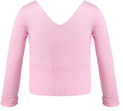 JEATHA Kinder Mädchen Strickpullover Langarm Pullover Ballettjacke V-Ausschnitt Wickeljack Pulli Einfarbig Ballett Tops Stretch Tanzkleid Top Rosa 158-164