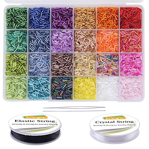 EuTengHao 9600pcs Tube Beads Kit Glas Bugle Seed Beads Kleine Bastelperlen für DIY-Armbandketten Basteln von Schmuckherstellungszubehör mit zwei Kristallschnüren (7 mm, 400 pro Farbe, 24 Farben)