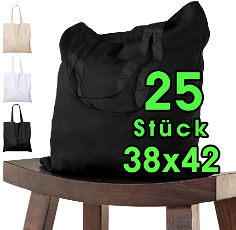 Baumwolltasche 38x42 cm unbedruckt, 25 Stück - Zwei KURZE Henkel OEKO-TEX® zertifiziert Stofftasche, Tragetasche, Baumwollbeutel, Einkaufstasche, Jutebeutel, Stoffbeutel Einkaufsbeutel bemalen Schwarz