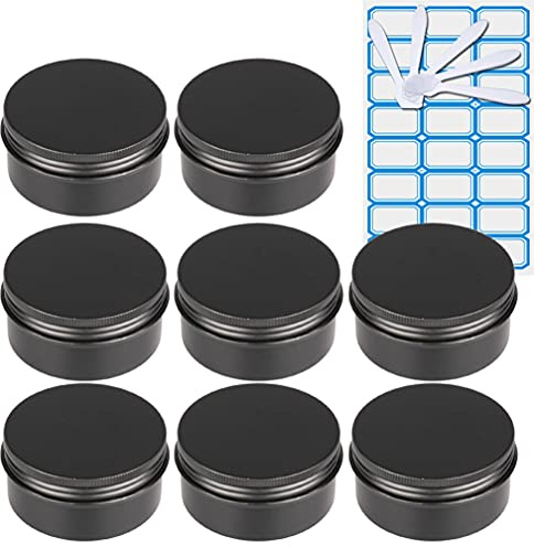 ZEOABSY 10 Pièces 80ml Pots en Aluminium Vide Rond Noir Mat Petit Cosmétiques Pot Conteneurs for Fait Main Bougies Crème Baume Voyage, 5X Spatule, 1x Étiquettes