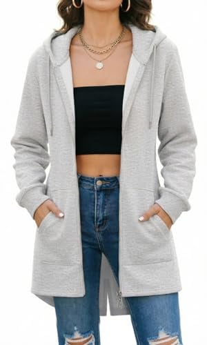Tuopuda Långa huvtröjor för dam, dragkedja, enkel huvtröja, långärmad, damfleece, långärmad, huvtröja, sweatshirts, ledig lös huvjacka, dragkedja, plusstorlek, toppar, pullover, jacka med fickor